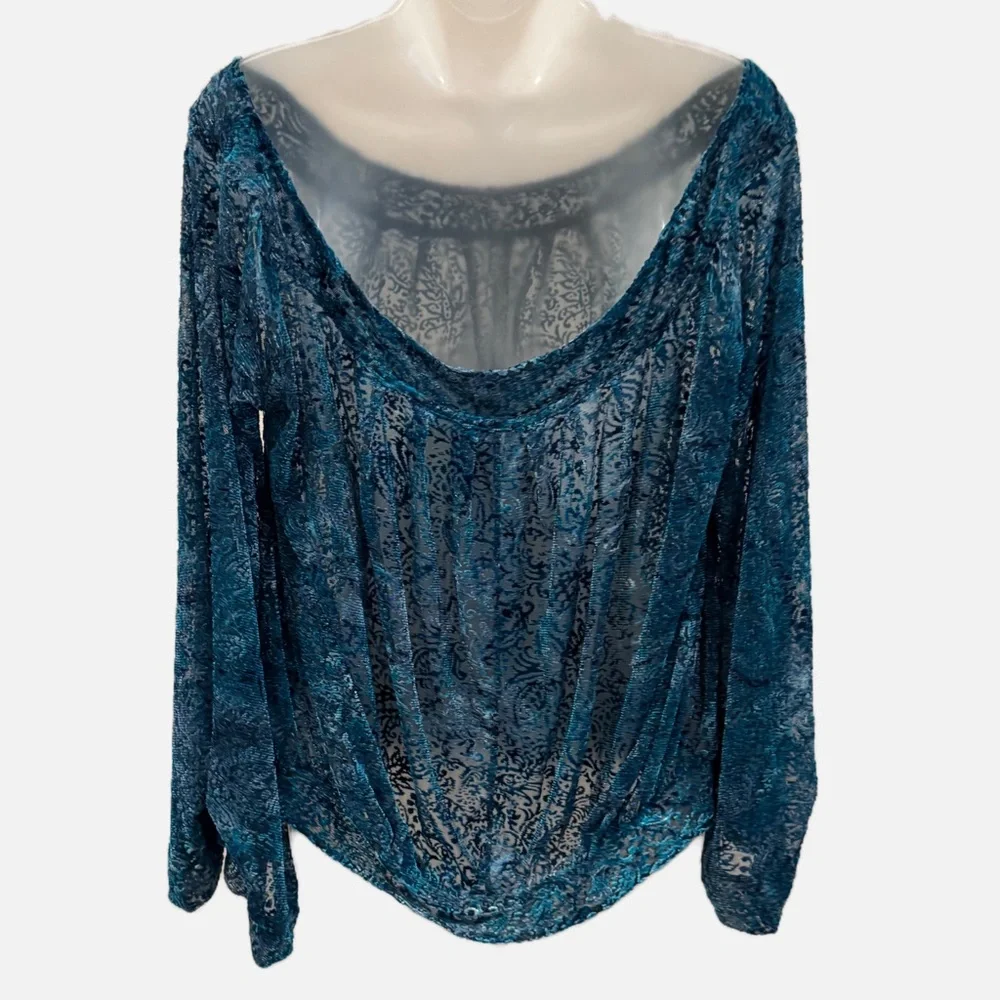 Free People | Ginger Berry Sheer Velvet Burnout Off-Shoulder Top-Teal- Boho Chic